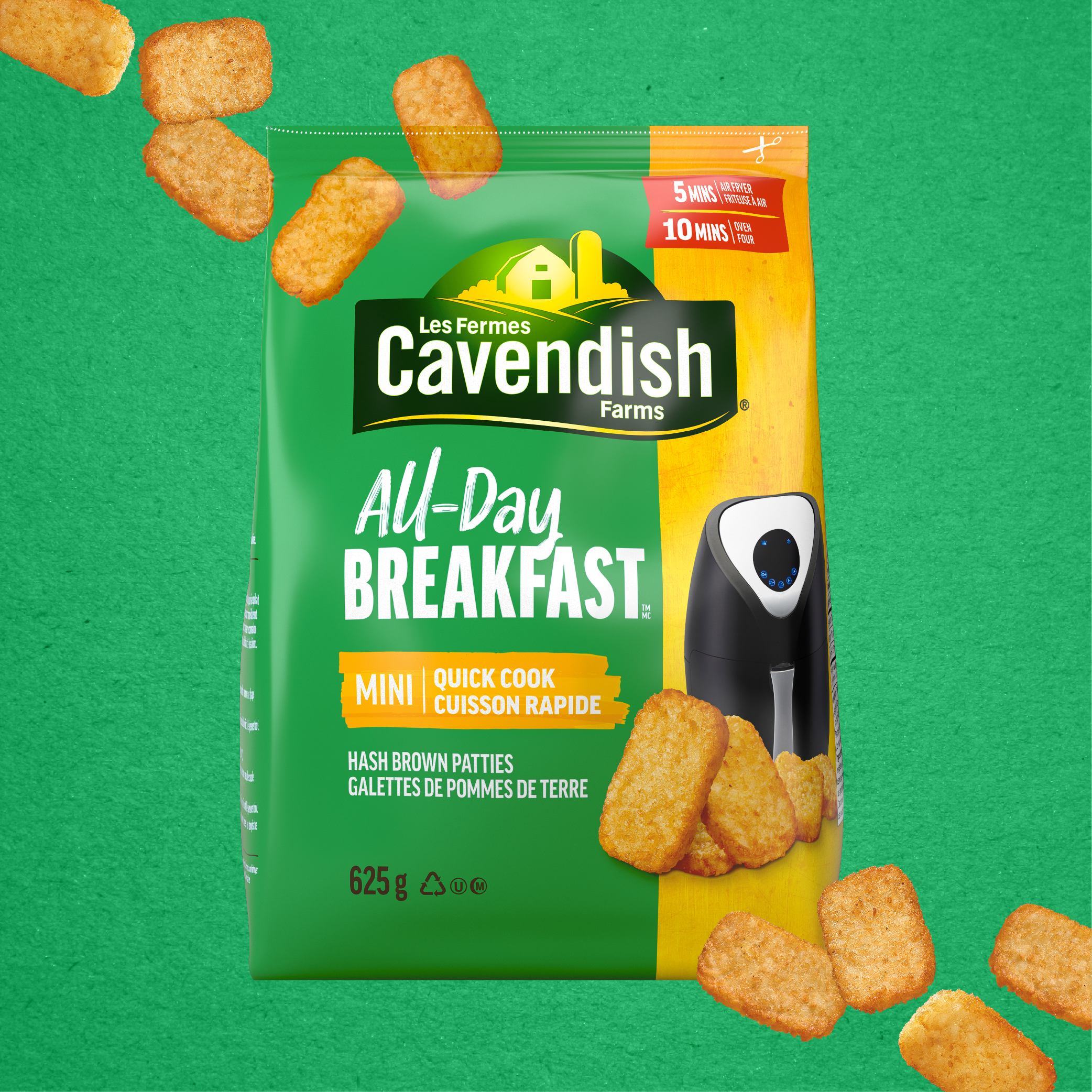All Day Breakfast Mini Quick Cook Patties, with prominent product emphasis displayed in the corner