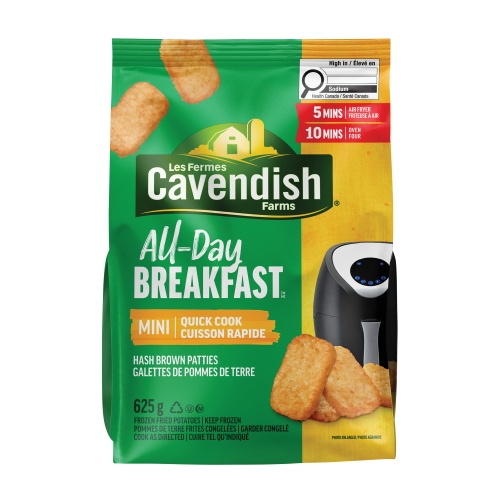 Mini galettes de pommes de terre à cuisson rapide All-Day Breakfast , 625g, avec une friteuse à air pour montrer une croustillance optimale.