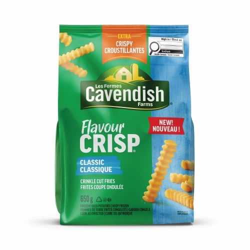 Cavendish Farms Crinkle Cut Fries bag with green and blue design, “Extra Crispy” and “New!” labels, 650g size.