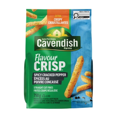 Frites epicée au poivre concassé FlavourCrisp , 750 g, emballage avec une couleur verte dominante.