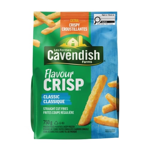Frites classique FlavourCrisp, 750 g, emballage avec des couleurs verte et bleue dominantes.