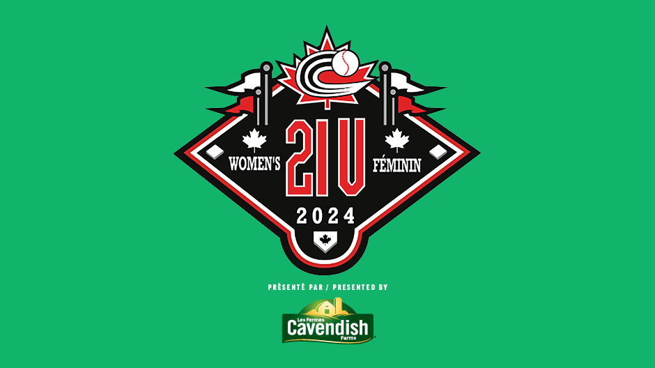 Logo de Cavendish Farms sous l'emblème du Championnat national de baseball féminin 21U de Baseball Canada 2024, avec le texte 'présenté par'