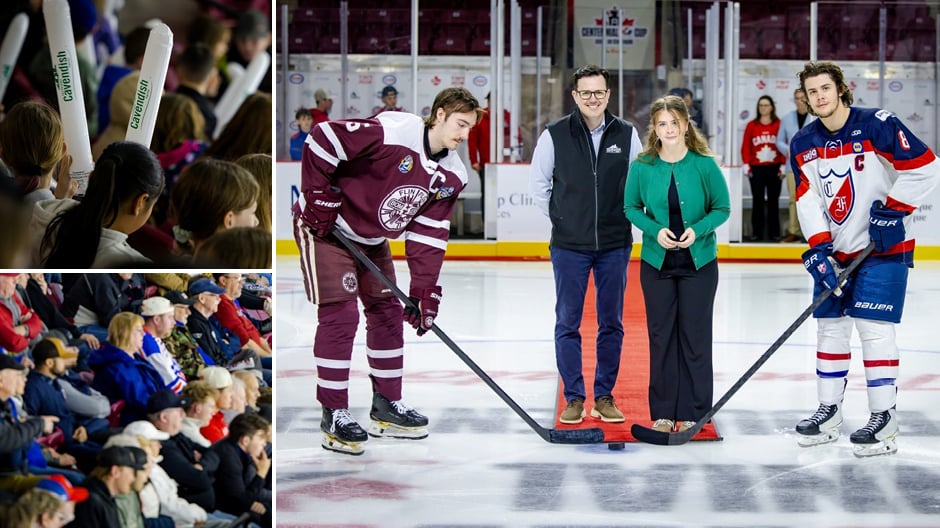 Montage montrant une foule de hockey, des partisans avec bâtons gonflables et mise au jeu cérémonieuse