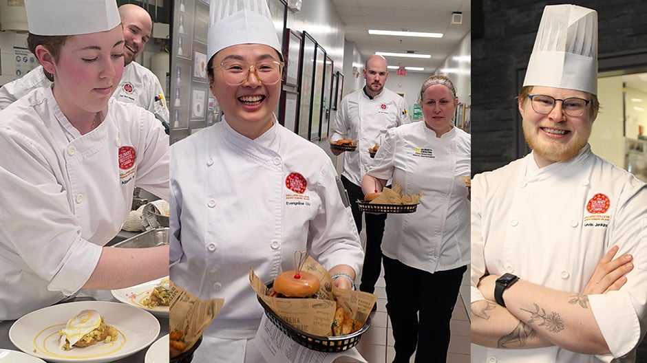 Chefs in white jackets present plated burgers and dishes during a culinary competition in a kitchen.