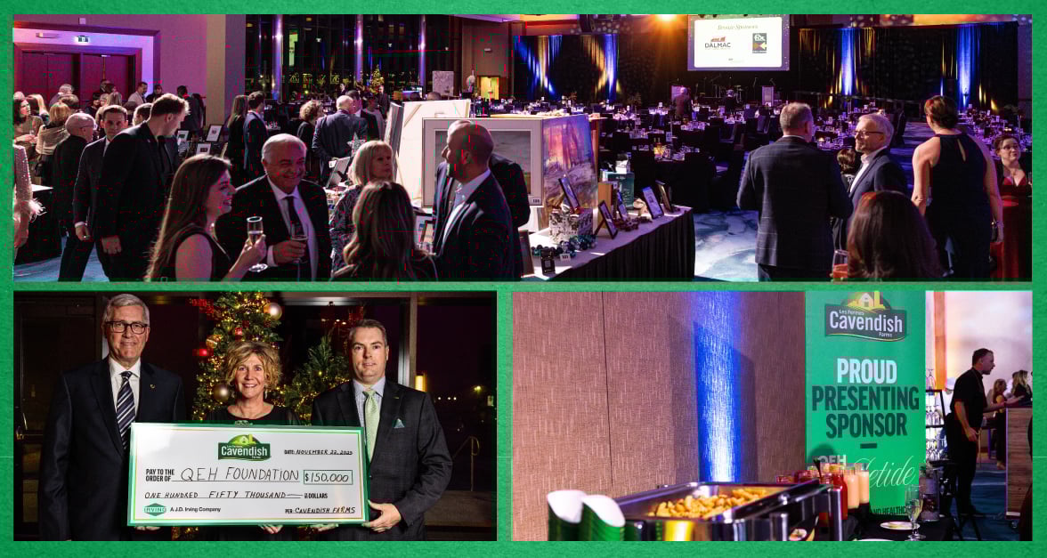 Event space with Cavendish Farms sponsor signage, buffet setup, large donation check, and guests mingling at gala tables.