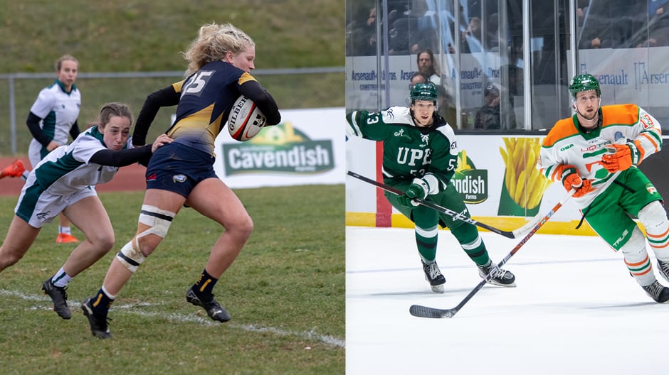 Image divisée : plaquage de rugby sur gazon et joueurs de hockey patinant près des bandes publicitaires